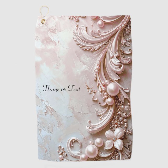 Pink Ornate Pearl and Floral Golf Towel (Front)
