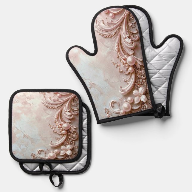 Pink Ornate Pearl and Floral Oven Mitt & Pot Holder Set (Front/Back)