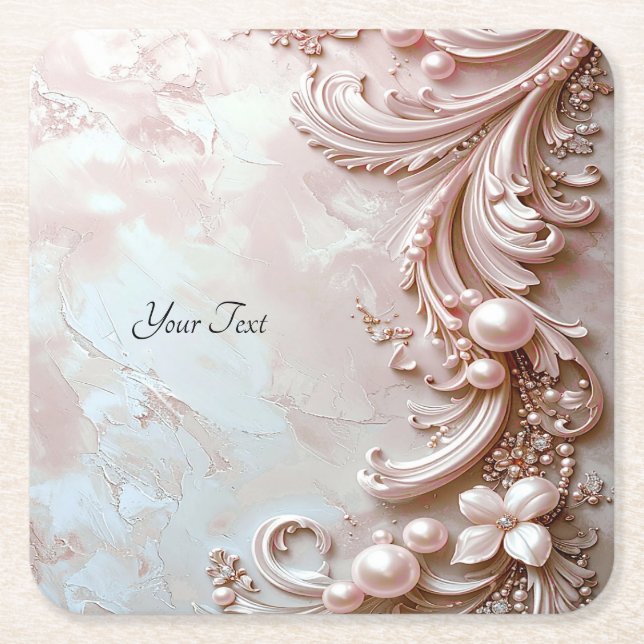 Pink Ornate Pearl and Floral Paper Coaster (Front)