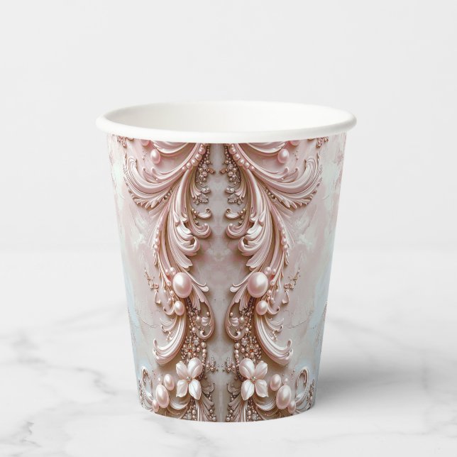 Pink Ornate Pearl and Floral Paper Cups (Front)