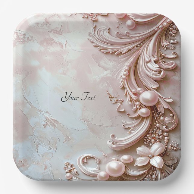 Pink Ornate Pearl and Floral Paper Plate (Front)