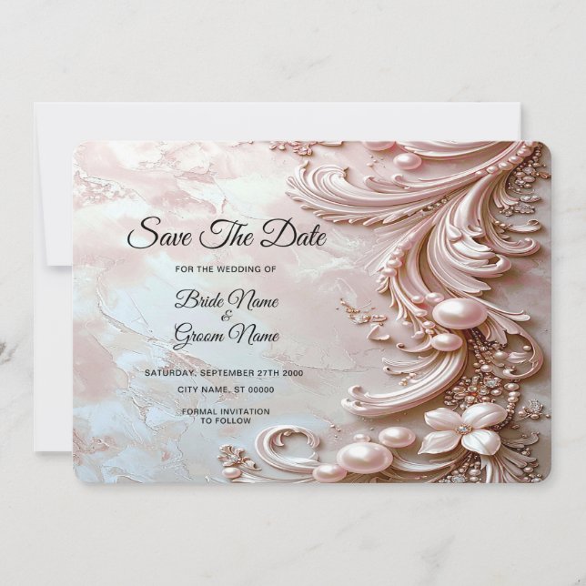Pink Ornate Pearl and Floral Save The Date (Front)