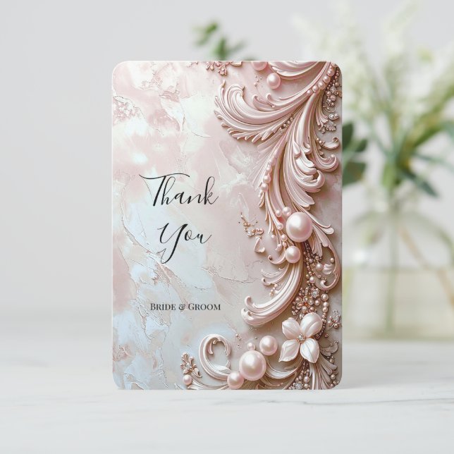 Pink Ornate Pearl and Floral Thank You Card (Standing Front)