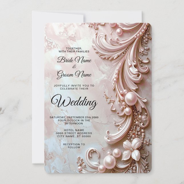 Pink Ornate Pearl and Floral Wedding Invitation (Front)