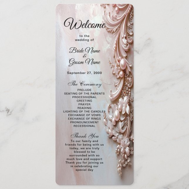 Pink Ornate Pearl and Floral Wedding Program Programme (Front)