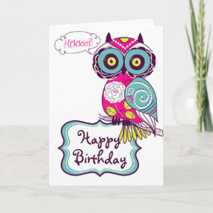 Pink Ornate Retro Floral Owl Happy Birthday Card