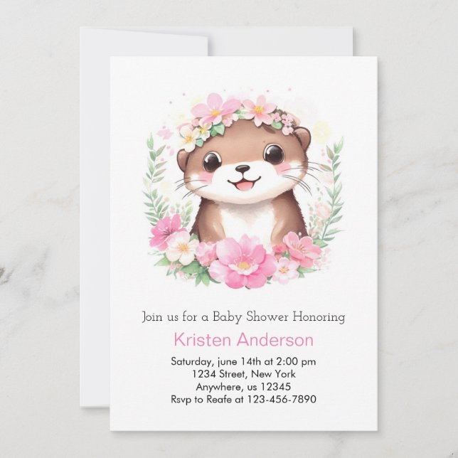 Pink Otter Adventure Whimsical Girl Baby Shower Invitation (Front)