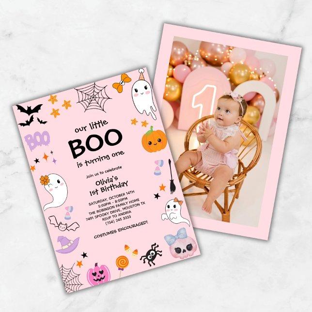 Pink Our Little Boo Photo Halloween 1st Birthday  Invitation (Pink Our Little Boo Photo Halloween 1st Birthday Invitation )