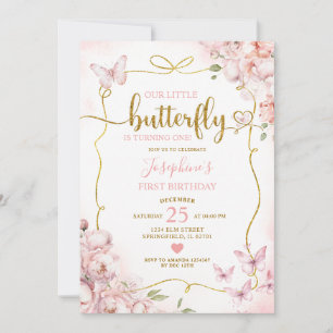 Pink Our Little Butterfly Floral Girl 1st Birthday Invitation