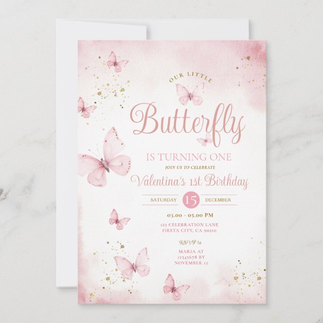 Pink Our Little Butterfly is turning one Gold Invitation (Front)