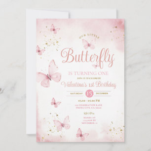 Pink Our Little Butterfly is turning one Gold Invitation