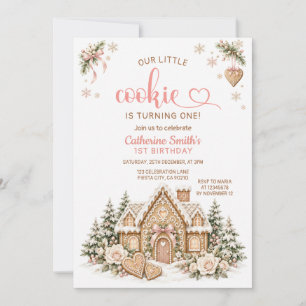 Pink Our Little Cookie Gingerbread Birthday Floral Invitation