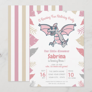 Pink Our Little Dinosaur Kid's Birthday Party Invitation