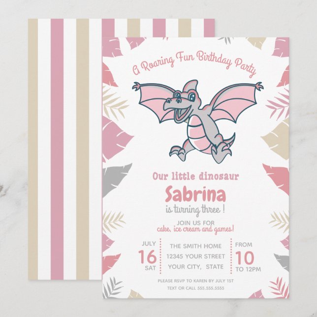 Pink Our Little Dinosaur Kid's Birthday Party Invitation (Front/Back)