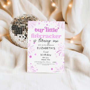Pink Our Little Firecracker 1st Birthday Invitation