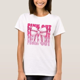 Pink Out Breast Cancer Awareness Baseball Bow Mum T-Shirt