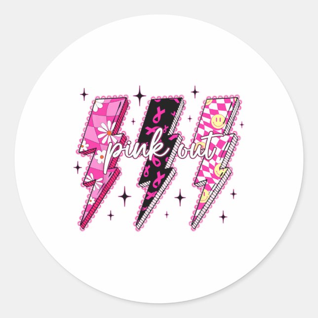 Pink Out Chequered Lightning Bolt Breast Cancer Aw Classic Round Sticker (Front)