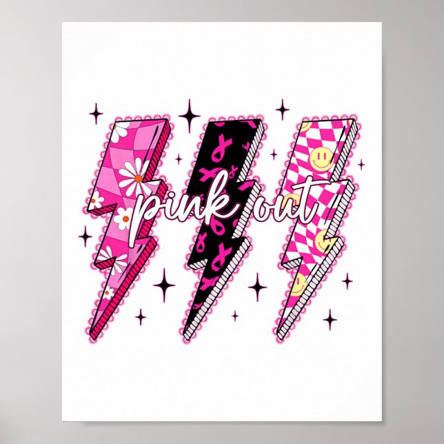 Pink Out Chequered Lightning Bolt Breast Cancer Aw Poster (Front)