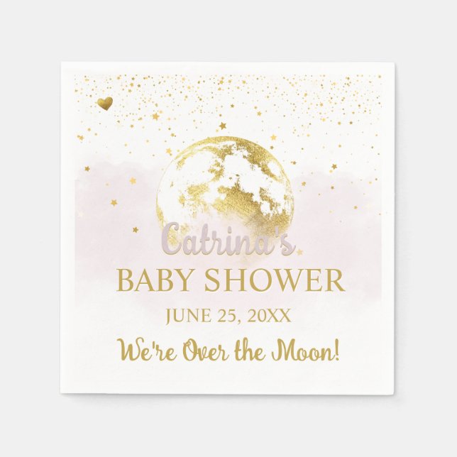 Pink Over the Moon and Stars Celestial Baby Shower Napkin (Front)
