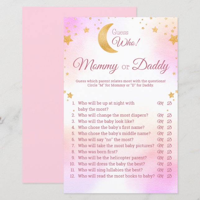 Pink Over the Moon Girl Baby Shower Guess Who Game (Front/Back)