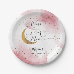 Pink Over the Moon Gold Stars Baby Shower Paper Plate
