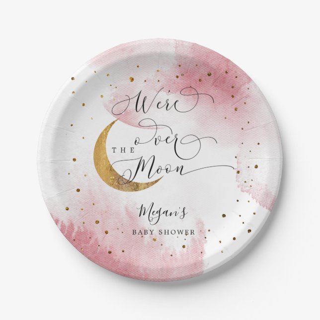 Pink Over the Moon Gold Stars Baby Shower Paper Plate (Front)