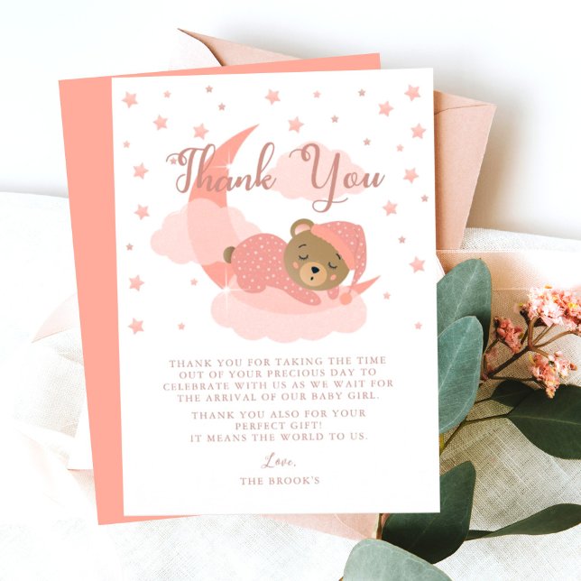 Pink Over The Moon Sleeping Bear Thank You Card (Creator Uploaded)