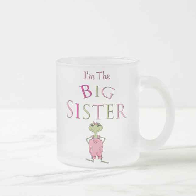 Pink Overall Frog Big Sister Frosted Glass Coffee Mug (Right)