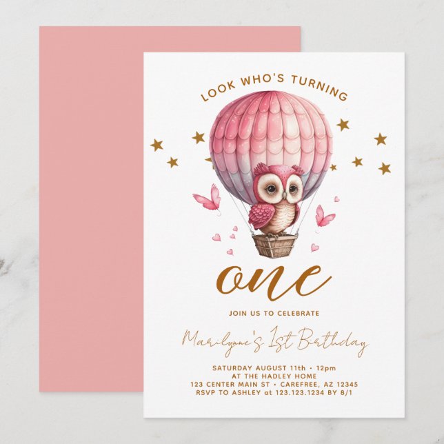 Pink Owl 1st Birthday Invitation (Front/Back)