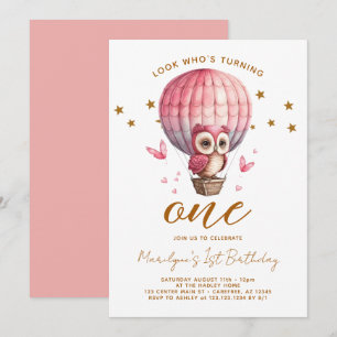 Pink Owl 1st Birthday Invitation