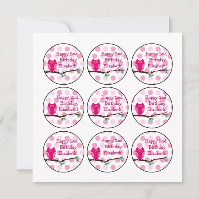 Pink Owl 2nd Birthday Cupcake Toppers Invitation (Front)