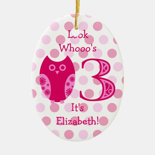Pink Owl 3rd Birthday Photo Ornament (Front)