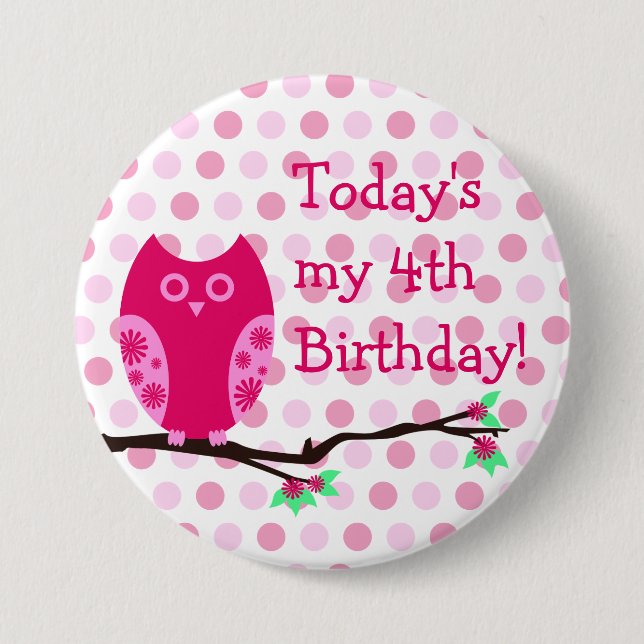 Pink Owl 4th Birthday Button (Front)