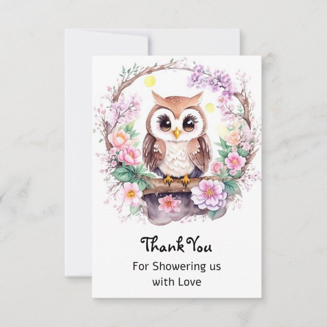 Pink Owl Adventure Baby Girl Shower Thank You Card (Front)