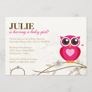 Pink Owl and Flourishes Girl Baby Shower Invite