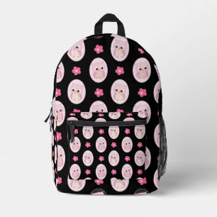 Pink Owl and Flowers on Black Background Printed Backpack
