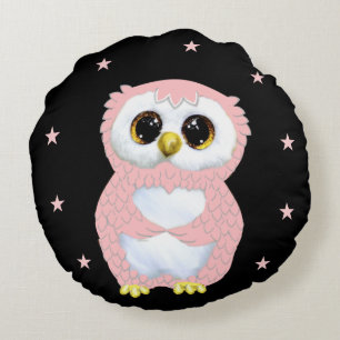 Pink Owl and Stars on Black Round Cushion