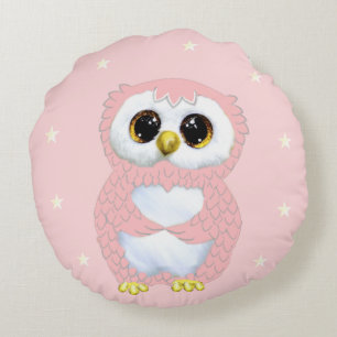 Pink Owl and Stars on Light Pink Round Cushion