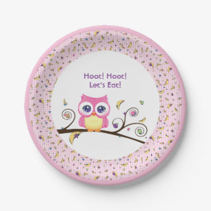 Pink Owl Baby Girl Shower Celestial Doodles  Paper Plate