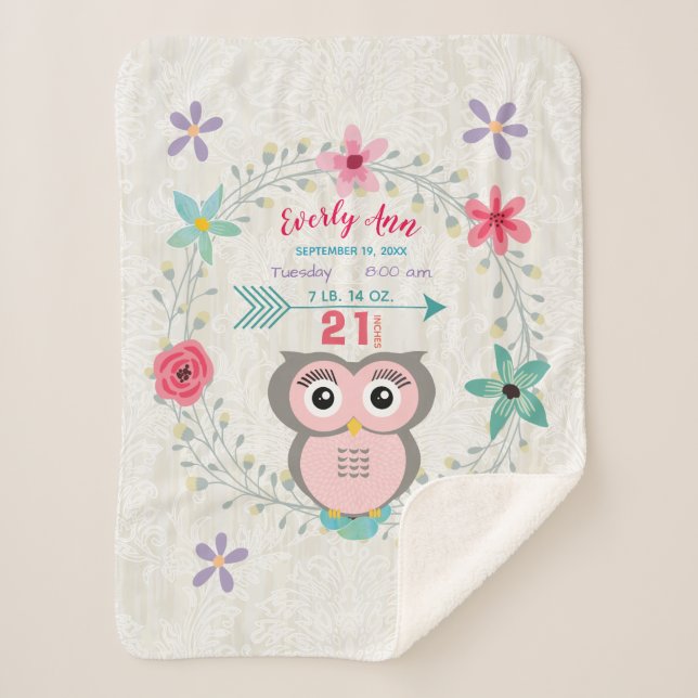 Pink Owl Baby Girl Stats Watercolor Wreath Sherpa Blanket (Front)