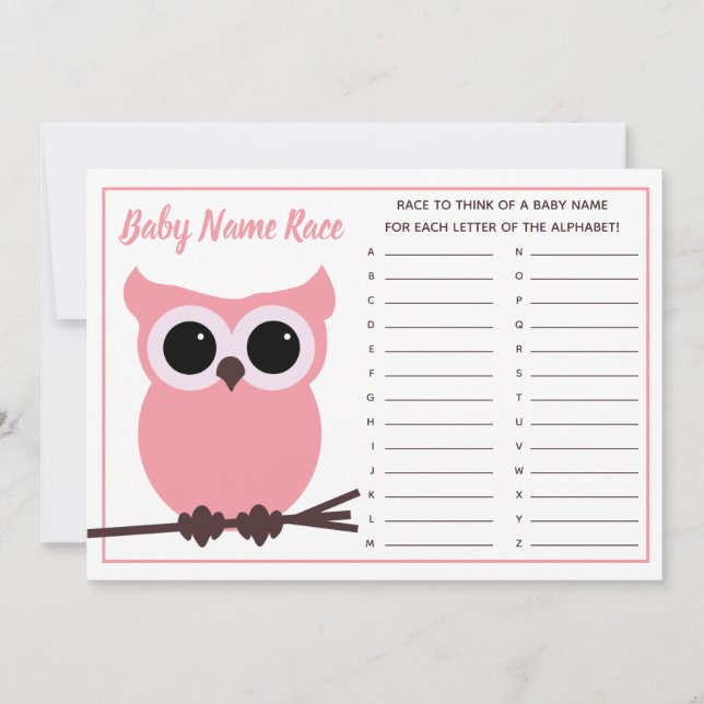 Pink Owl Baby Name Race Baby Shower Game Invitation (Front)