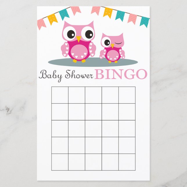 Pink Owl baby shower bingo card (Front)