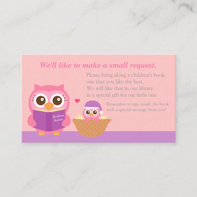 Pink Owl Baby Shower Book Insert Request Card (Front)