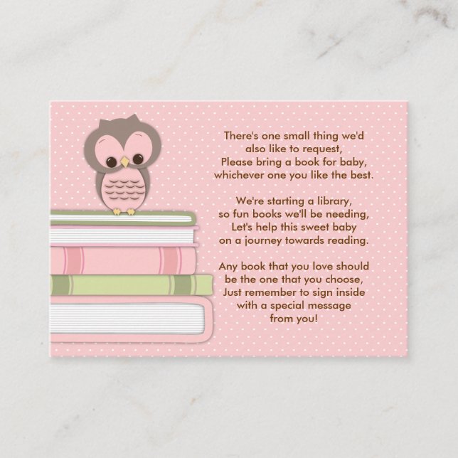 Pink Owl Baby Shower Book Insert Request Card (Front)