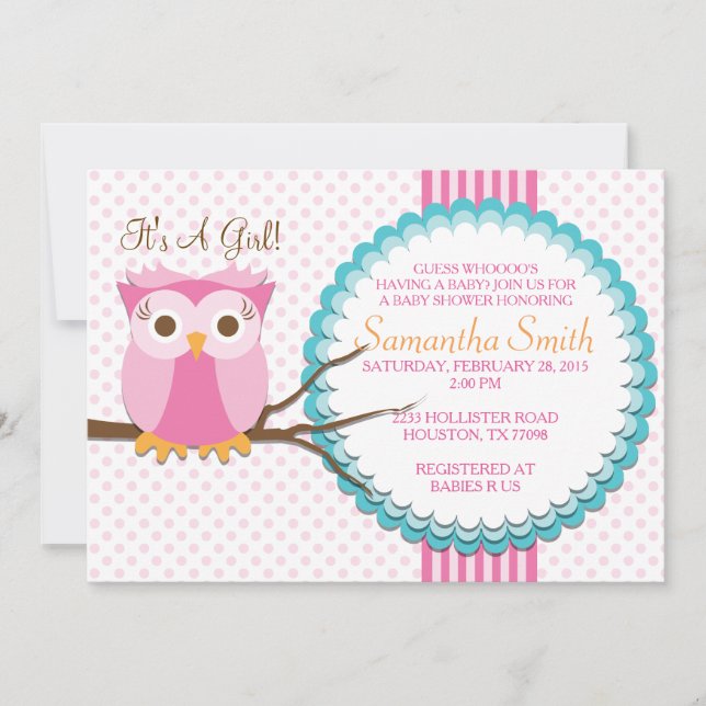 Pink Owl Baby Shower Invitation (Front)