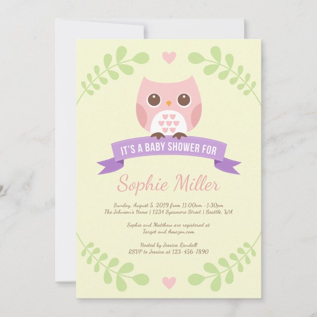 Pink Owl Baby Shower Invitation (Front)