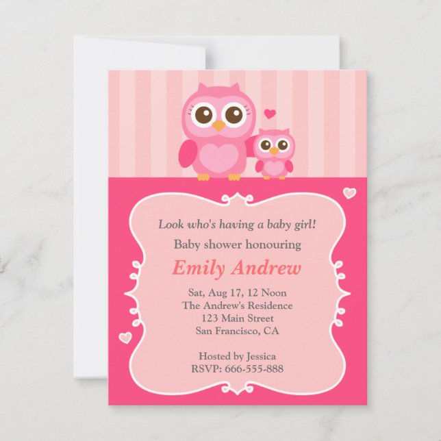 Pink owl baby shower, mummy and child invitation (Front)