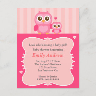Pink owl baby shower, mummy and child invitation