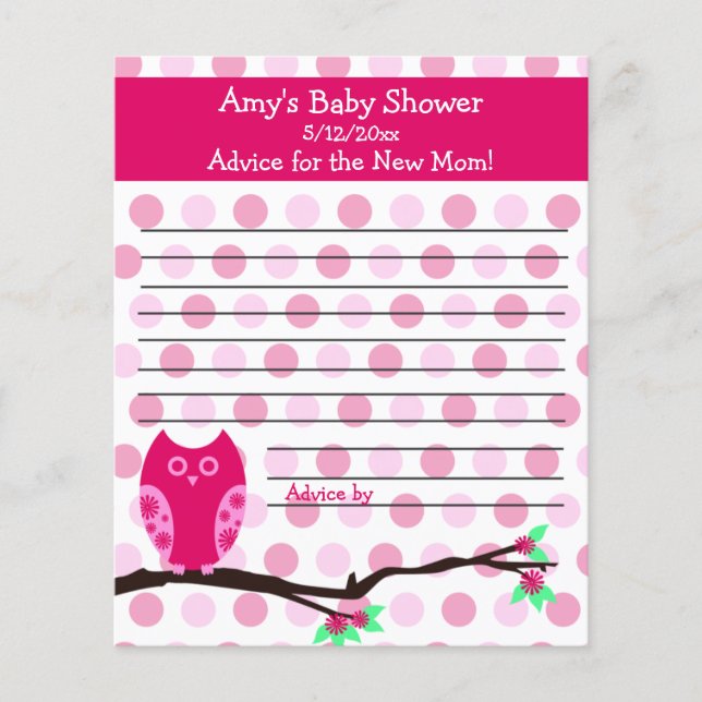 Pink Owl Baby Shower Personalised Advice Cards (Front)