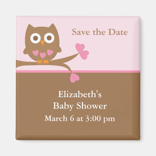 Pink Owl Baby Shower Save the Date Magnet (Front)